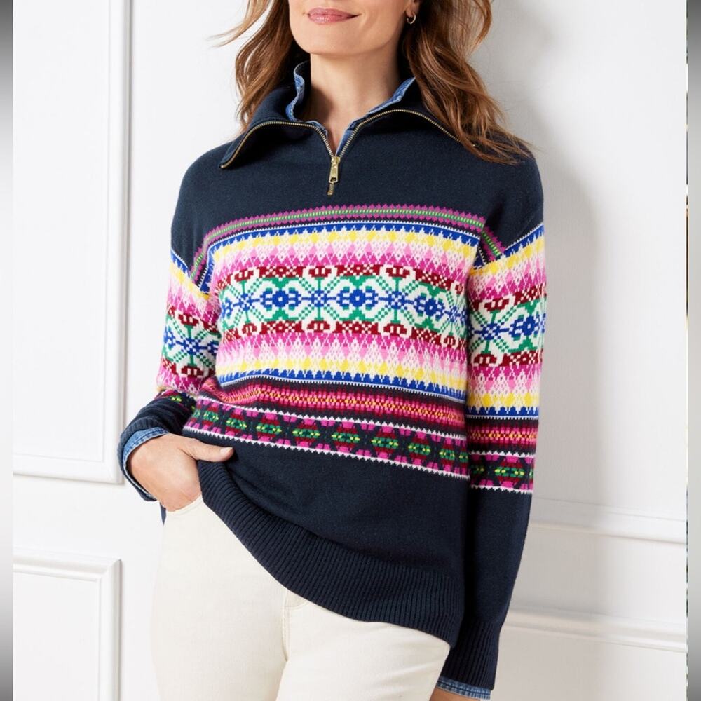 Talbots Cozy Black Fair Isle Long Sleeve 1/4 Zip Sweater Women M Petite MP